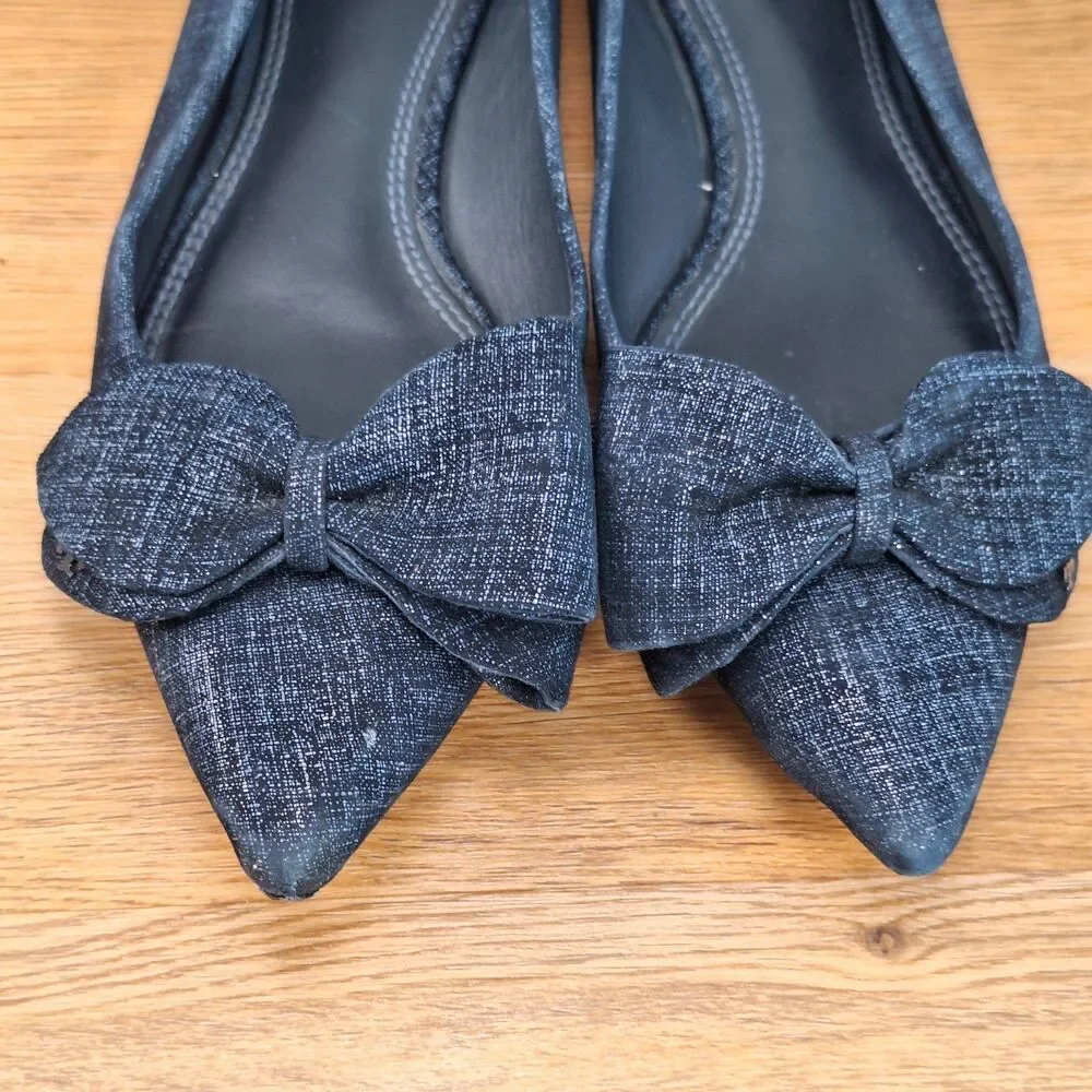 Tory Burch Rosalind Women's 9 Ballet Flats Navy Blue Printed Suede Bow Slip On